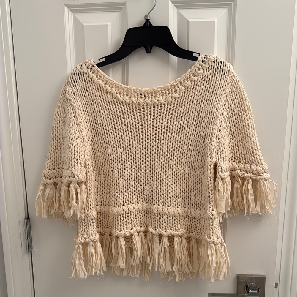 Free People Cream Fringe Scoop Neck Sweater